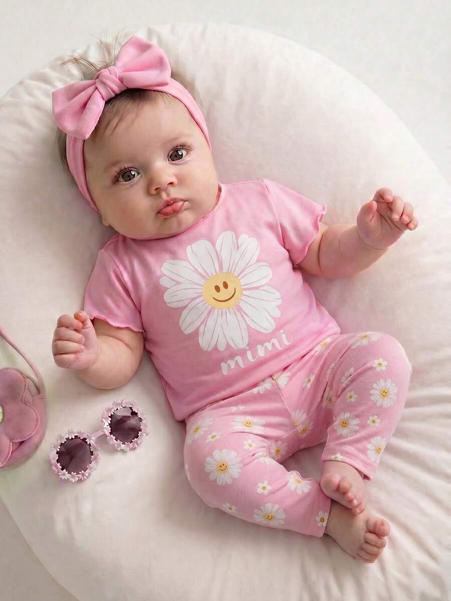 2PCS Baby Daisy Print T-Shirt and Shorts Set for Summer Daily Wear