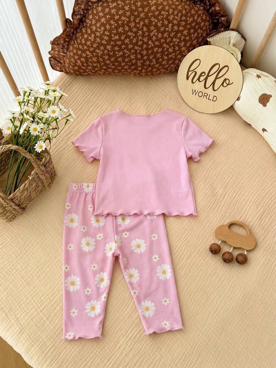 2PCS Baby Daisy Print T-Shirt and Shorts Set for Summer Daily Wear