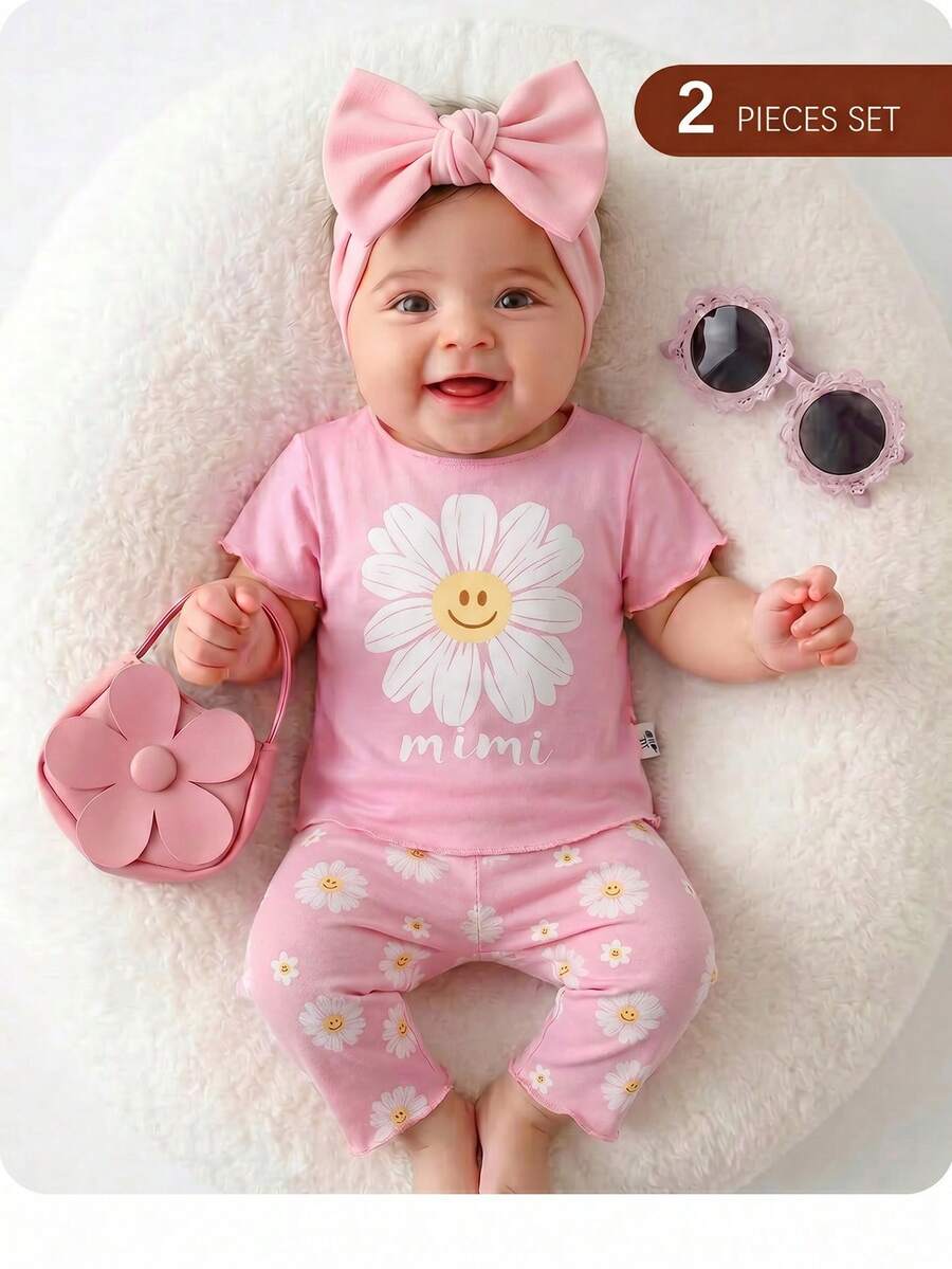 2PCS Baby Daisy Print T-Shirt and Shorts Set for Summer Daily Wear