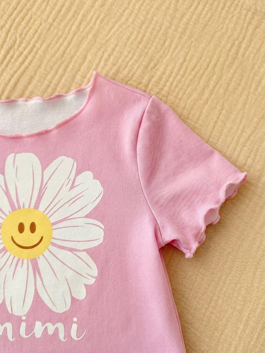 2PCS Baby Daisy Print T-Shirt and Shorts Set for Summer Daily Wear