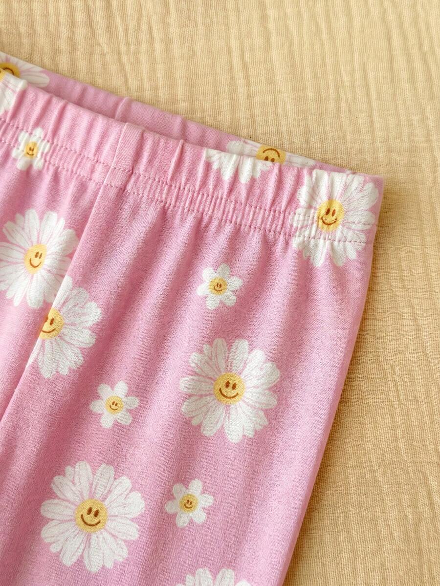 2PCS Baby Daisy Print T-Shirt and Shorts Set for Summer Daily Wear