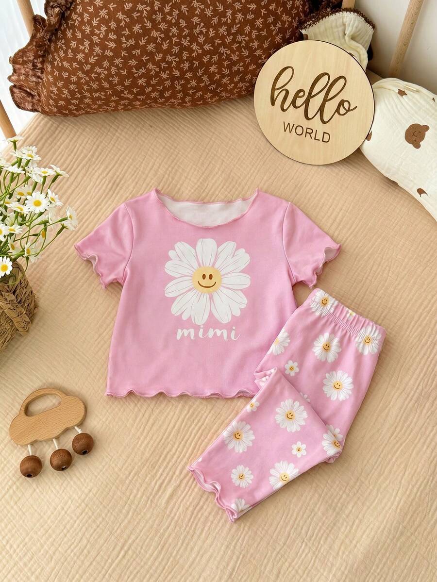 2PCS Baby Daisy Print T-Shirt and Shorts Set for Summer Daily Wear