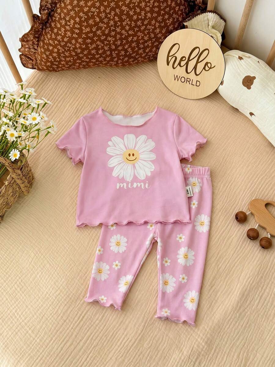 2PCS Baby Daisy Print T-Shirt and Shorts Set for Summer Daily Wear