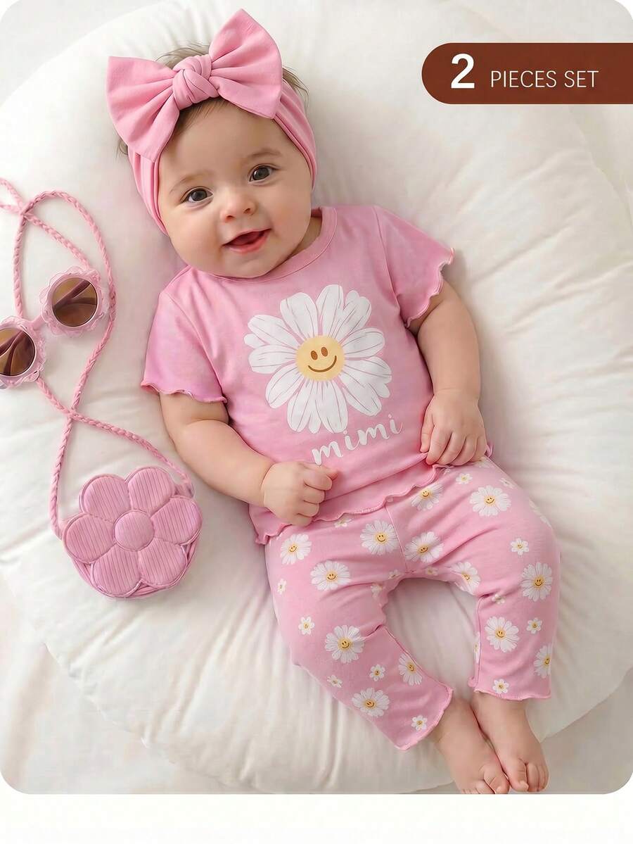 2PCS Baby Daisy Print T-Shirt and Shorts Set for Summer Daily Wear