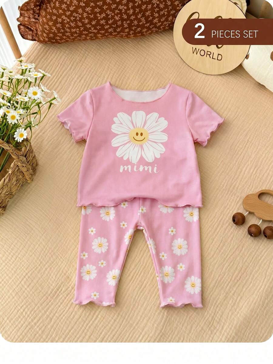 2PCS Baby Daisy Print T-Shirt and Shorts Set for Summer Daily Wear