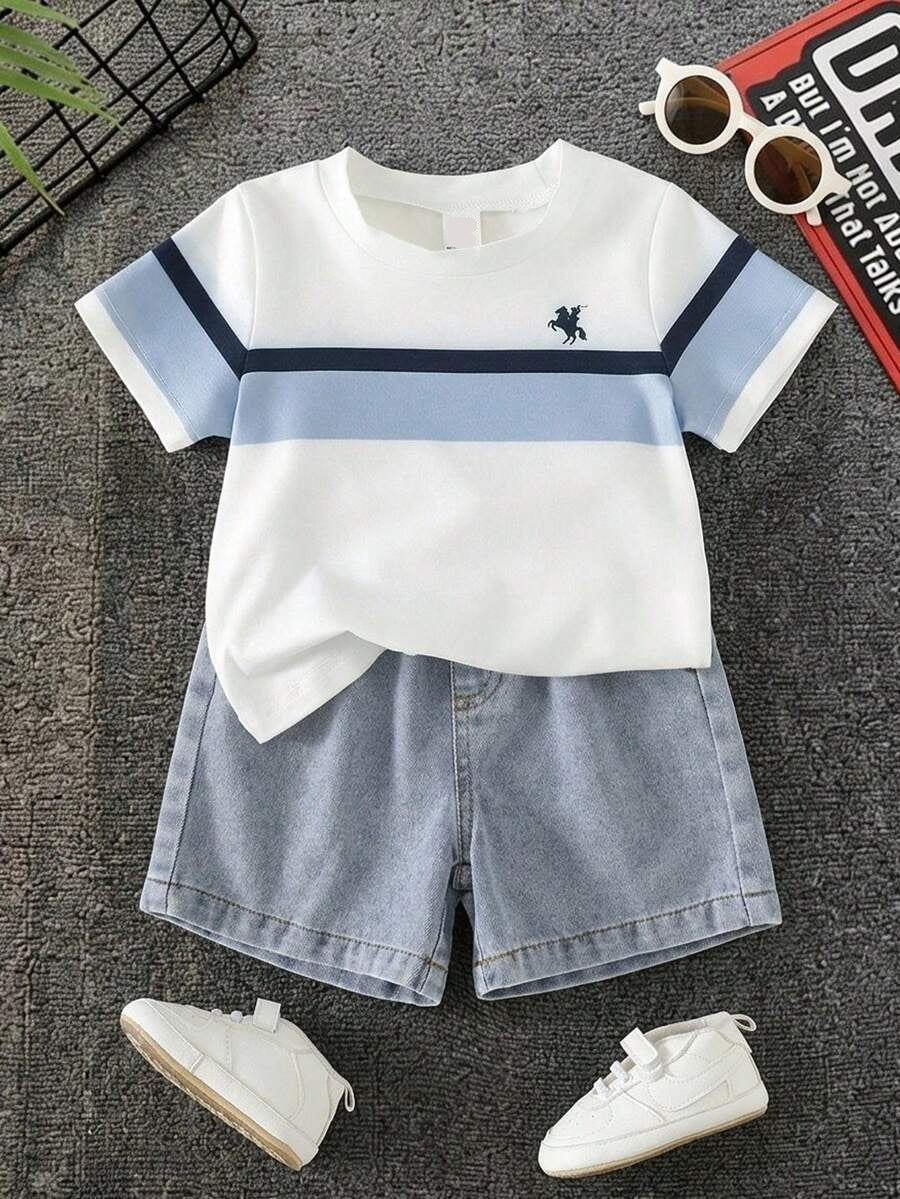 Baby Boy Black and White Striped T Shirt and Denim Shorts 2 Piece Casual Spring Summer Outfit Set