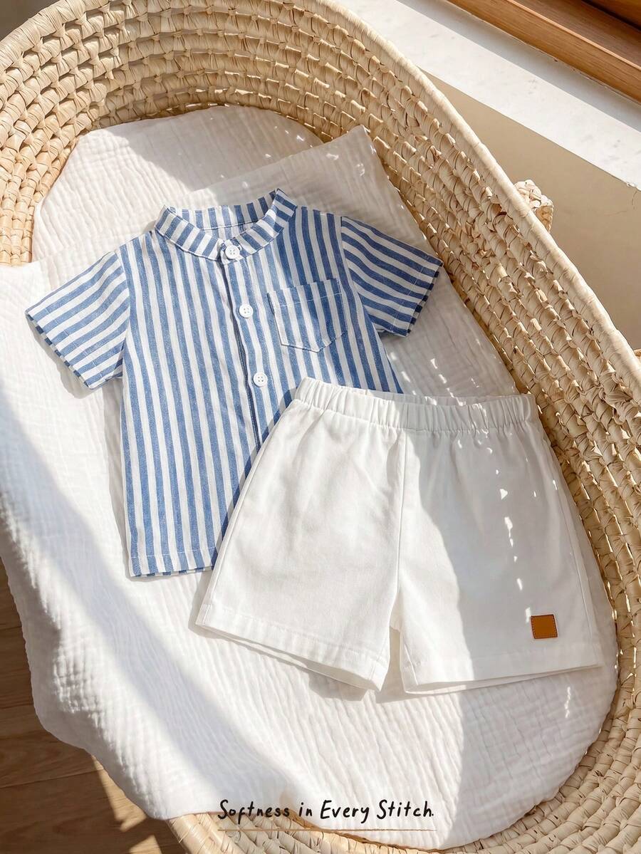 Striped Short Sleeve Shirt and Elastic Waist Shorts Set for Cute Summer Daily Wear