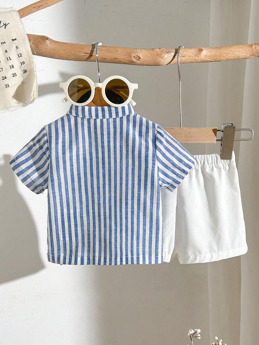 Striped Short Sleeve Shirt and Elastic Waist Shorts Set for Cute Summer Daily Wear