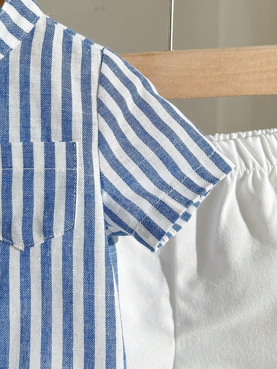Striped Short Sleeve Shirt and Elastic Waist Shorts Set for Cute Summer Daily Wear