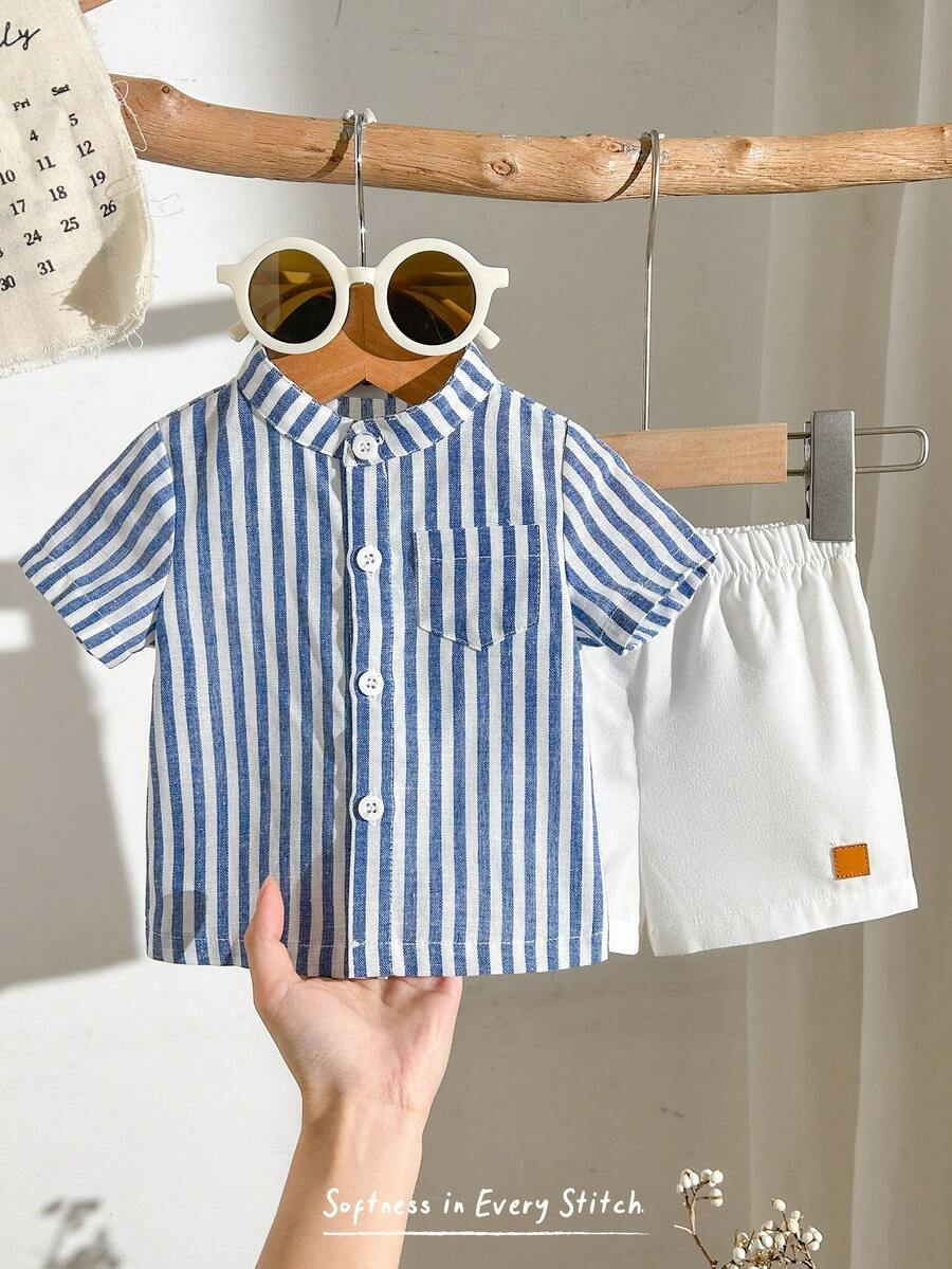Striped Short Sleeve Shirt and Elastic Waist Shorts Set for Cute Summer Daily Wear