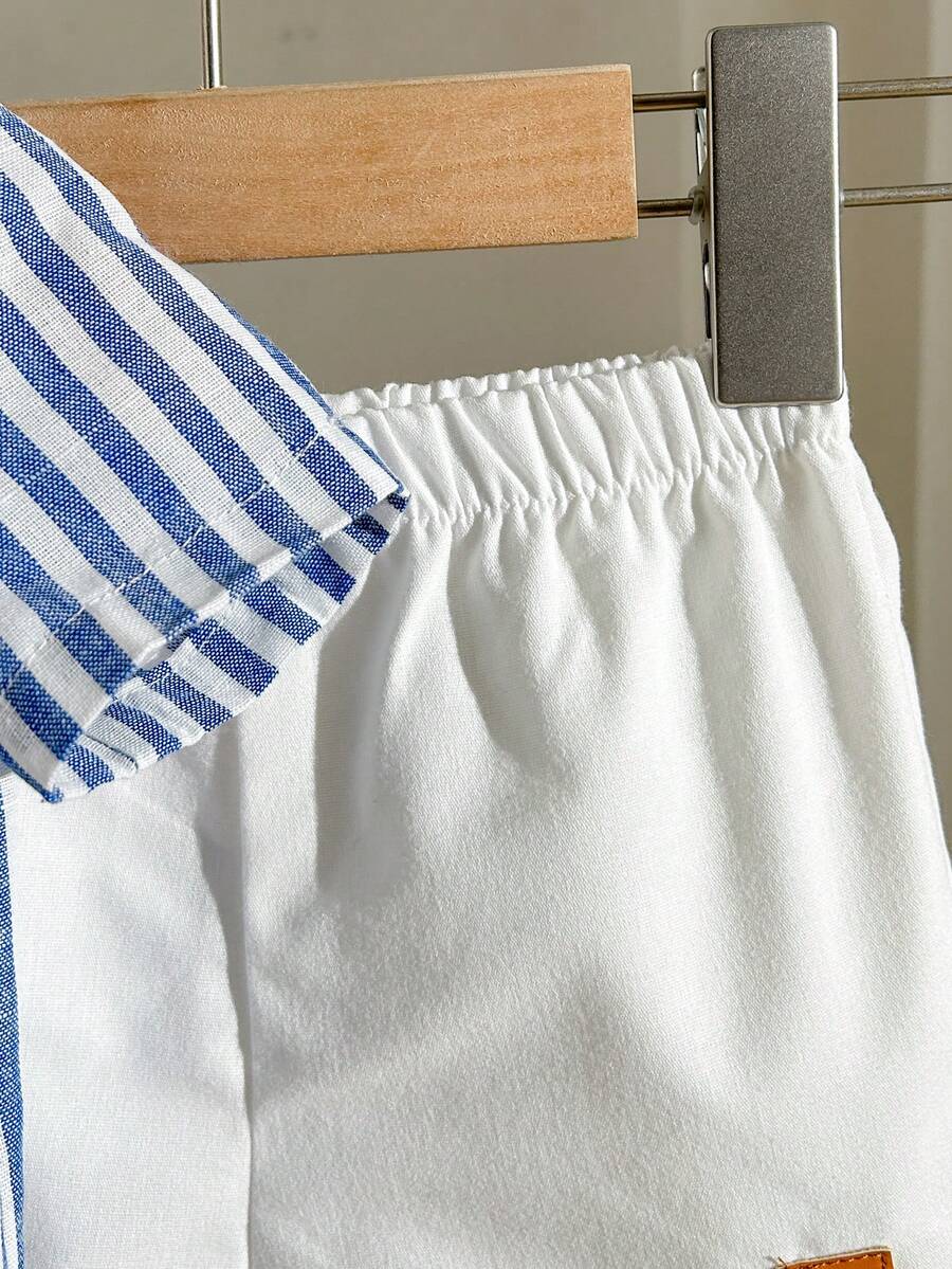 Striped Short Sleeve Shirt and Elastic Waist Shorts Set for Cute Summer Daily Wear