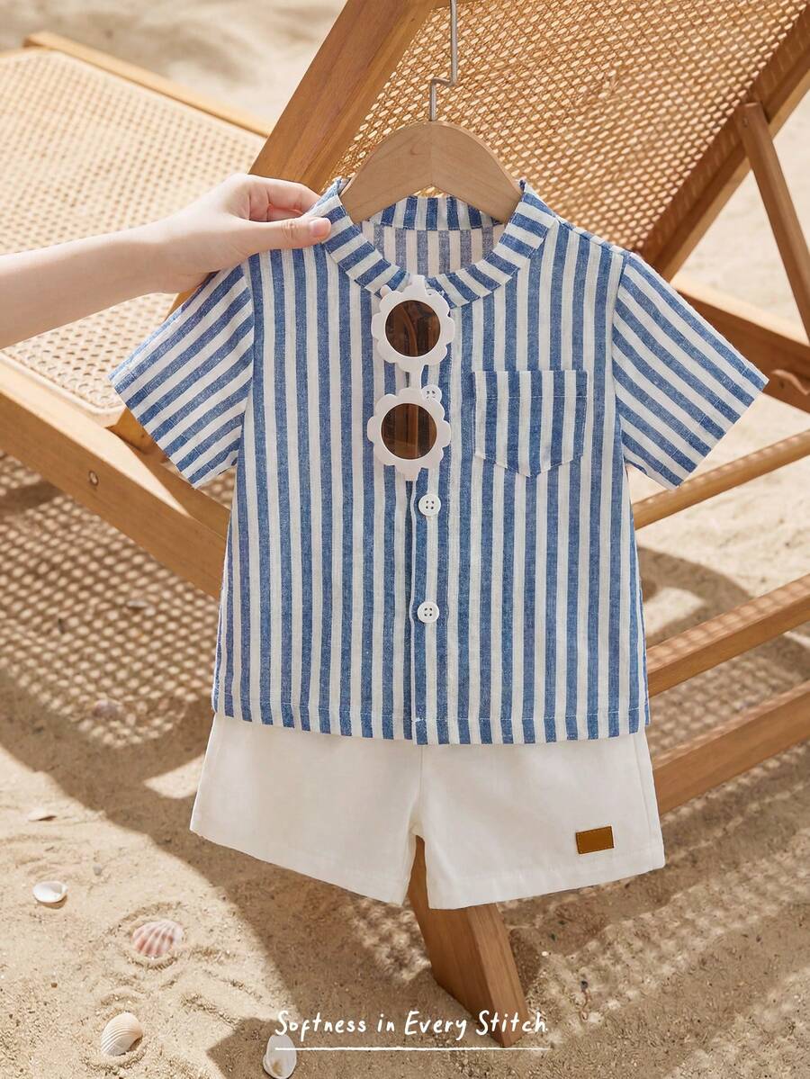 Striped Short Sleeve Shirt and Elastic Waist Shorts Set for Cute Summer Daily Wear