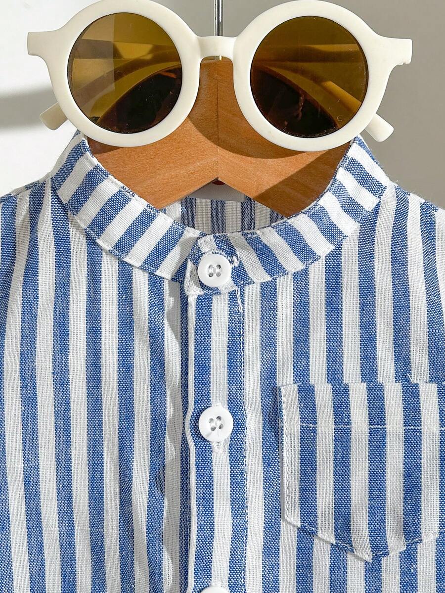 Striped Short Sleeve Shirt and Elastic Waist Shorts Set for Cute Summer Daily Wear