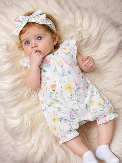Floral Print Ruffle Baby Girl Romper for Casual Everyday Wear
