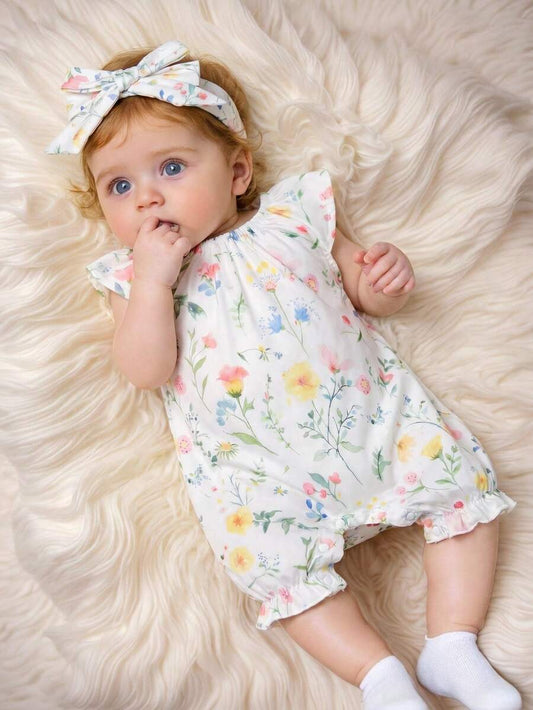 Floral Print Ruffle Baby Girl Romper for Casual Everyday Wear
