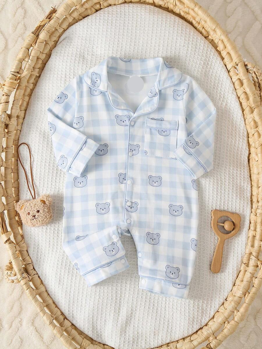 Baby Boy Bear Print Romper and Pants Set with Long Sleeve Snap Up Design