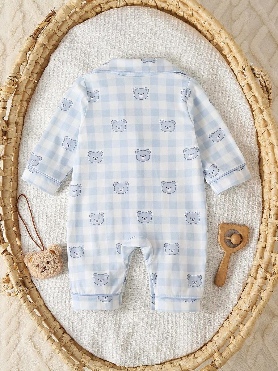 Baby Boy Bear Print Romper and Pants Set with Long Sleeve Snap Up Design