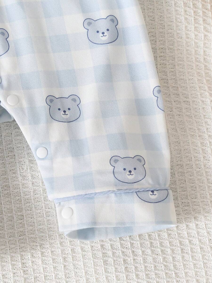 Baby Boy Bear Print Romper and Pants Set with Long Sleeve Snap Up Design