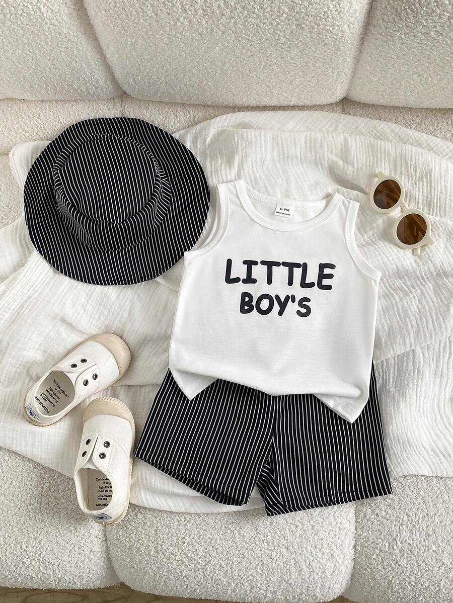 Baby Boy Letter Print Top Coconut Tree Print Shorts and Hat 3 Piece Summer Beach Vacation Outfit Set