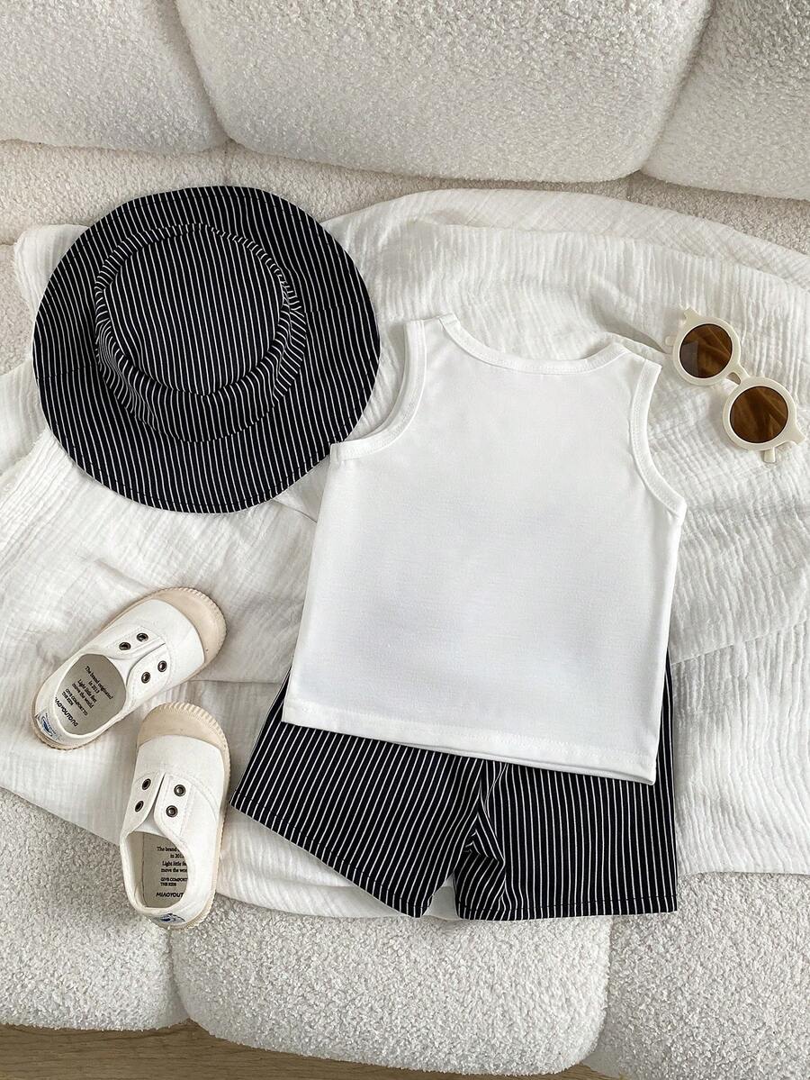 Baby Boy Letter Print Top Coconut Tree Print Shorts and Hat 3 Piece Summer Beach Vacation Outfit Set