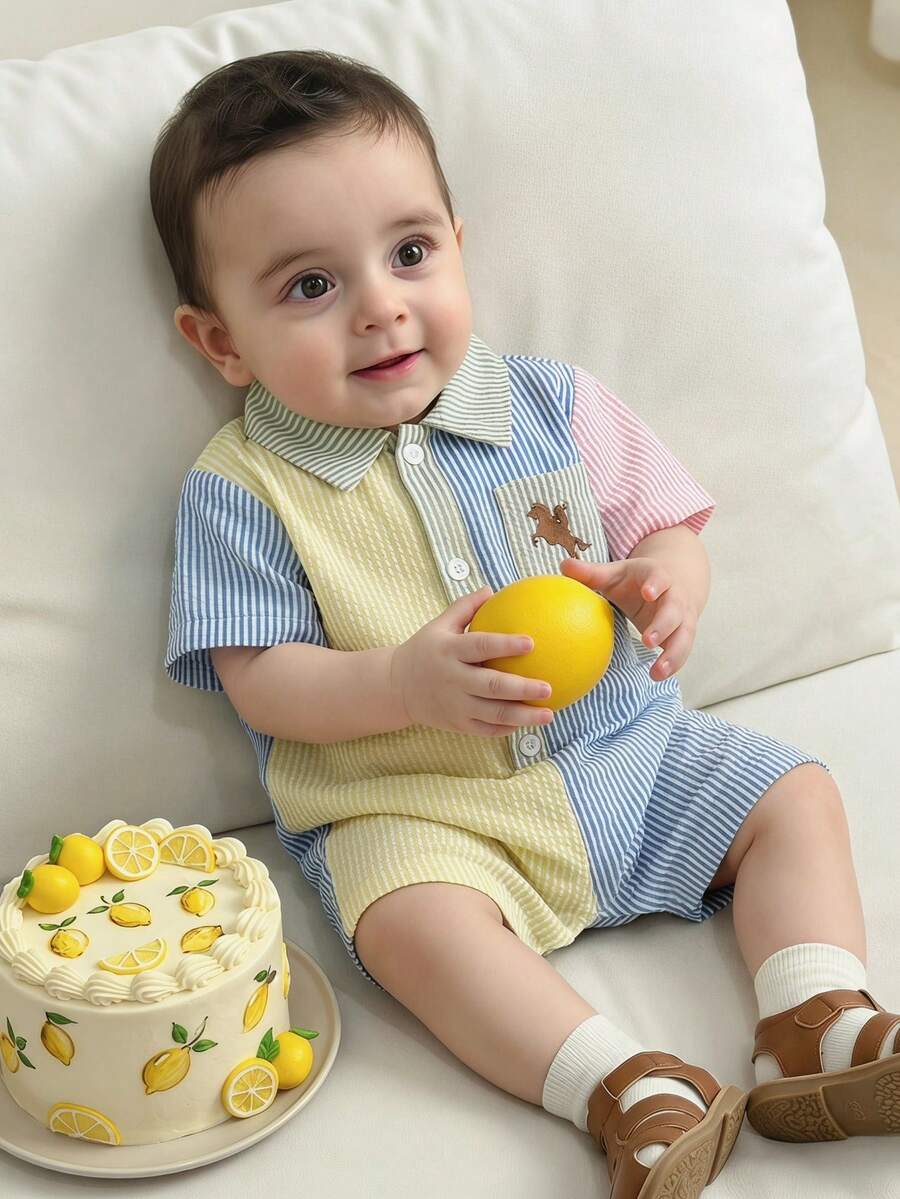 Newborn Baby Striped Polo Collar Short Sleeve Romper 2 Piece Outfit Set for Birthday Party Wedding Baby Shower