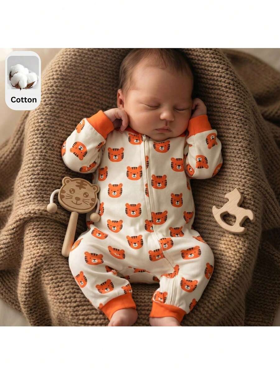 Cute Cartoon Bear Print Baby Zipper Romper for Newborn Boys and Girls