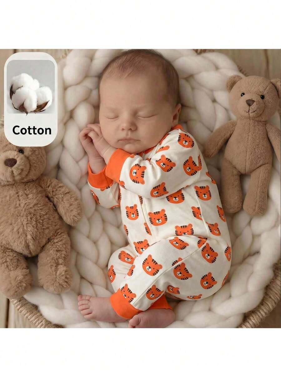 Cute Cartoon Bear Print Baby Zipper Romper for Newborn Boys and Girls