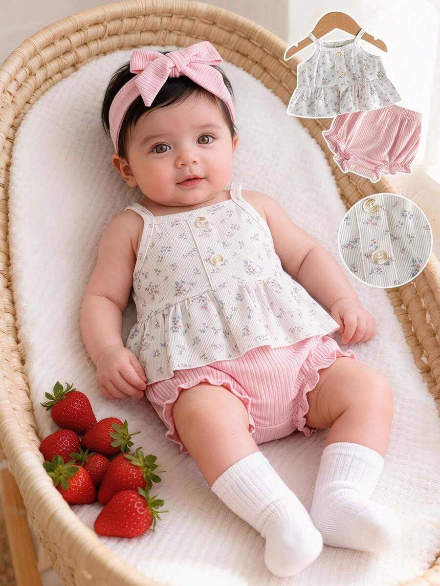 Baby Girl Heart Print Camisole Top and Shorts Set for Cute Summer Daily Wear