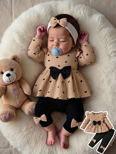 Newborn Spring/Fall Heart Print Pullover And Bow Detail Skinny Pants 2pcs Set For Casual, Outdoor & Christmas Wear