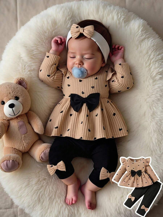 Newborn Spring/Fall Heart Print Pullover And Bow Detail Skinny Pants 2pcs Set For Casual, Outdoor & Christmas Wear