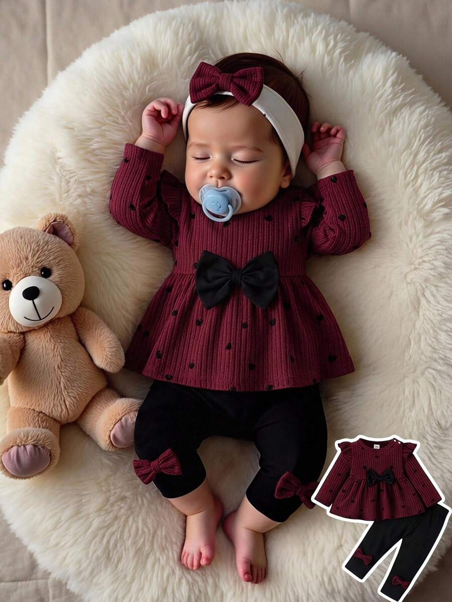 Pink Heart Knit Outfit Set with Bow Detail for Autumn and Spring Wear