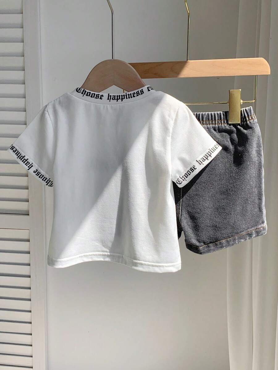 Baby Boy Black and White Striped T Shirt and Denim Shorts 2 Piece Casual Spring Summer Outfit Set