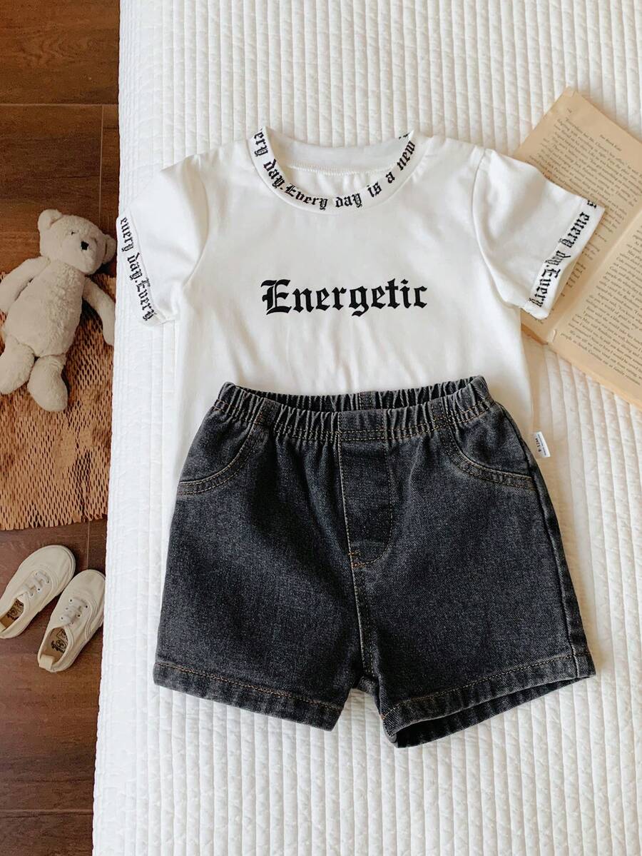 Baby Boy Black and White Striped T Shirt and Denim Shorts 2 Piece Casual Spring Summer Outfit Set