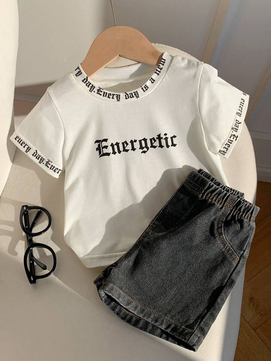 Baby Boy Black and White Striped T Shirt and Denim Shorts 2 Piece Casual Spring Summer Outfit Set