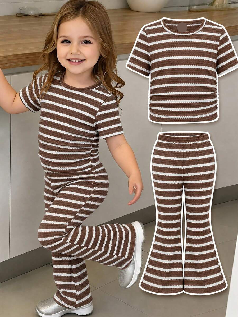Spring Summer Flare Pants Outfit For Little Girls With Bow Print Design