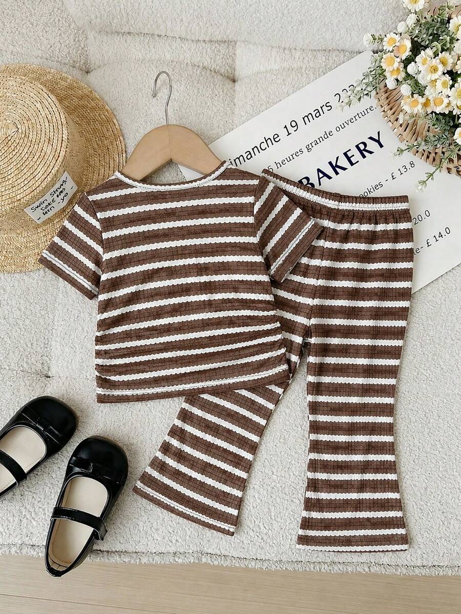 Spring Summer Flare Pants Outfit For Little Girls With Bow Print Design