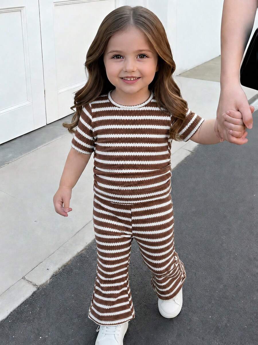 Spring Summer Flare Pants Outfit For Little Girls With Bow Print Design