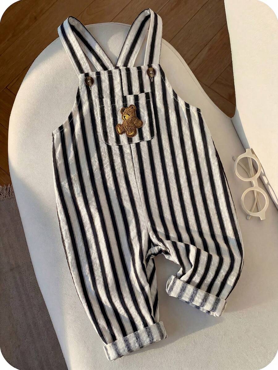 Striped Baby Boys Jumpsuit With Cartoon Bear Design Casual Kids Outfit