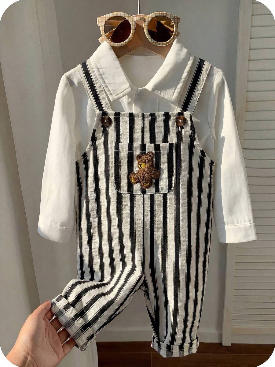Striped Baby Boys Jumpsuit With Cartoon Bear Design Casual Kids Outfit
