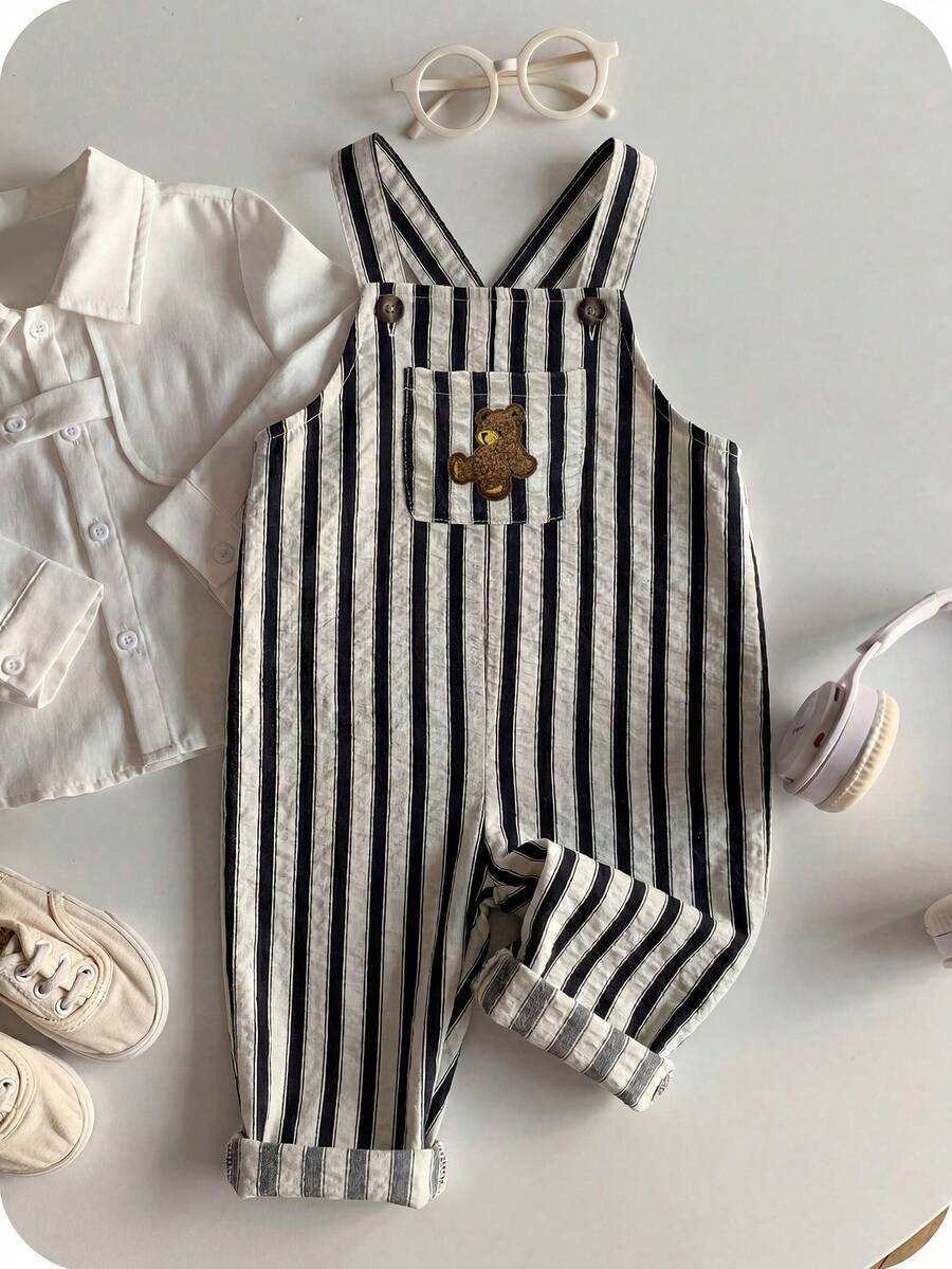 Striped Baby Boys Jumpsuit With Cartoon Bear Design Casual Kids Outfit