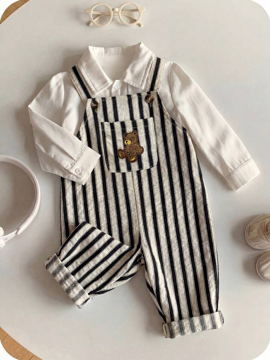 Striped Baby Boys Jumpsuit With Cartoon Bear Design Casual Kids Outfit