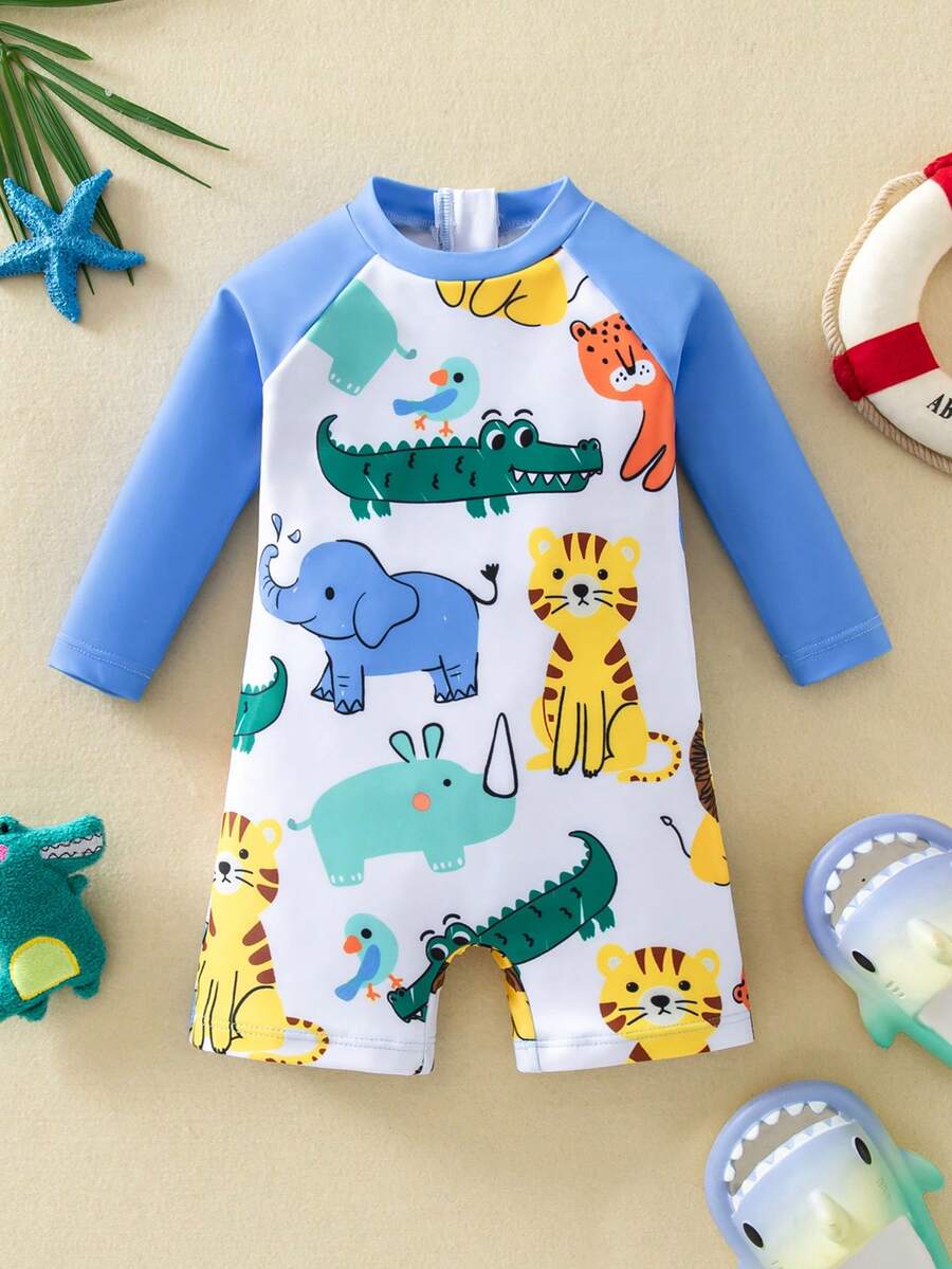 Baby Striped Dolphin Print One-Piece Swimsuit for Beach Vacation and Pool Days