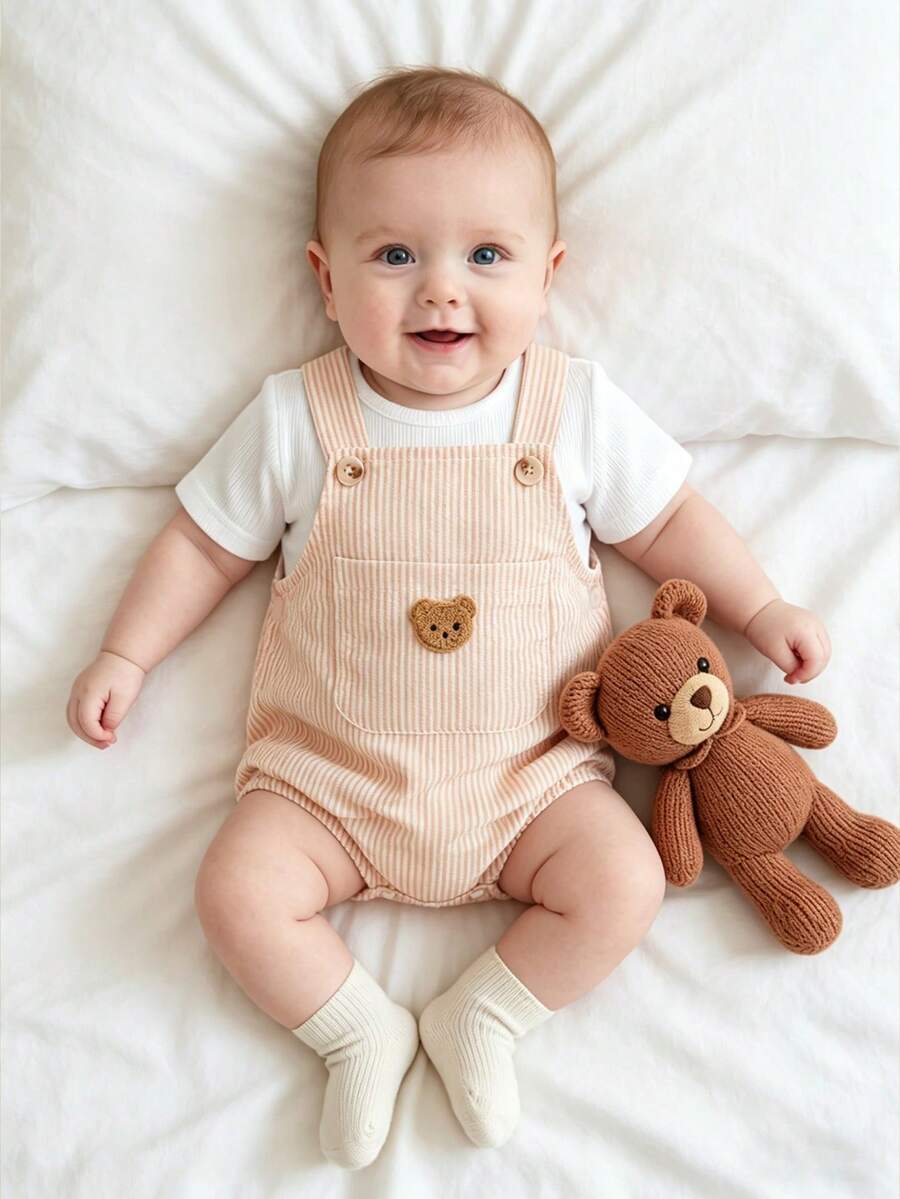 2PCS Baby Boy Striped T Shirt and Bear Suspender Shorts Set for Cute Summer Daily Wear