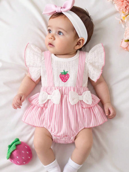 3PCS Baby Cartoon Graphic Bodysuit Suspender Shorts and Headband Set for Cute Summer Wear