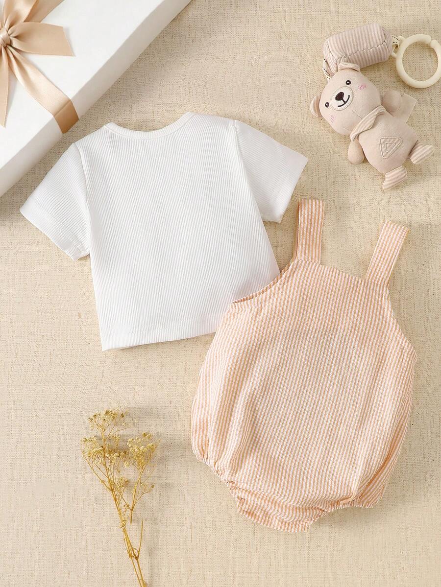 2PCS Baby Boy Striped T Shirt and Bear Suspender Shorts Set for Cute Summer Daily Wear