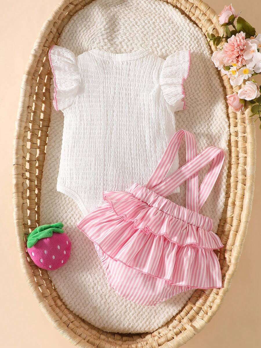 3PCS Baby Cartoon Graphic Bodysuit Suspender Shorts and Headband Set for Cute Summer Wear