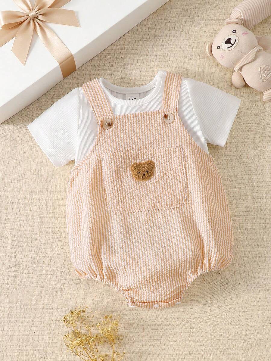 2PCS Baby Boy Striped T Shirt and Bear Suspender Shorts Set for Cute Summer Daily Wear