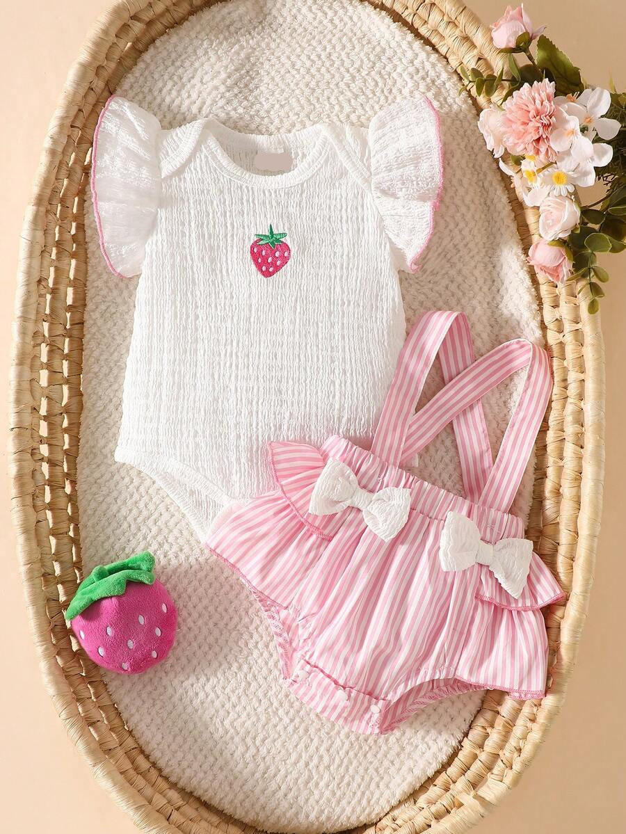 3PCS Baby Cartoon Graphic Bodysuit Suspender Shorts and Headband Set for Cute Summer Wear