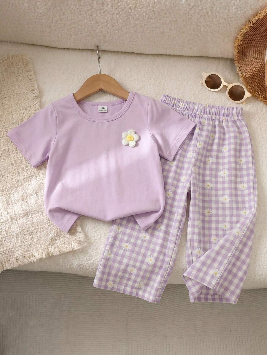 3D Floral T Shirt And Plaid Pants Set For Baby Girls Casual Cute Outfit