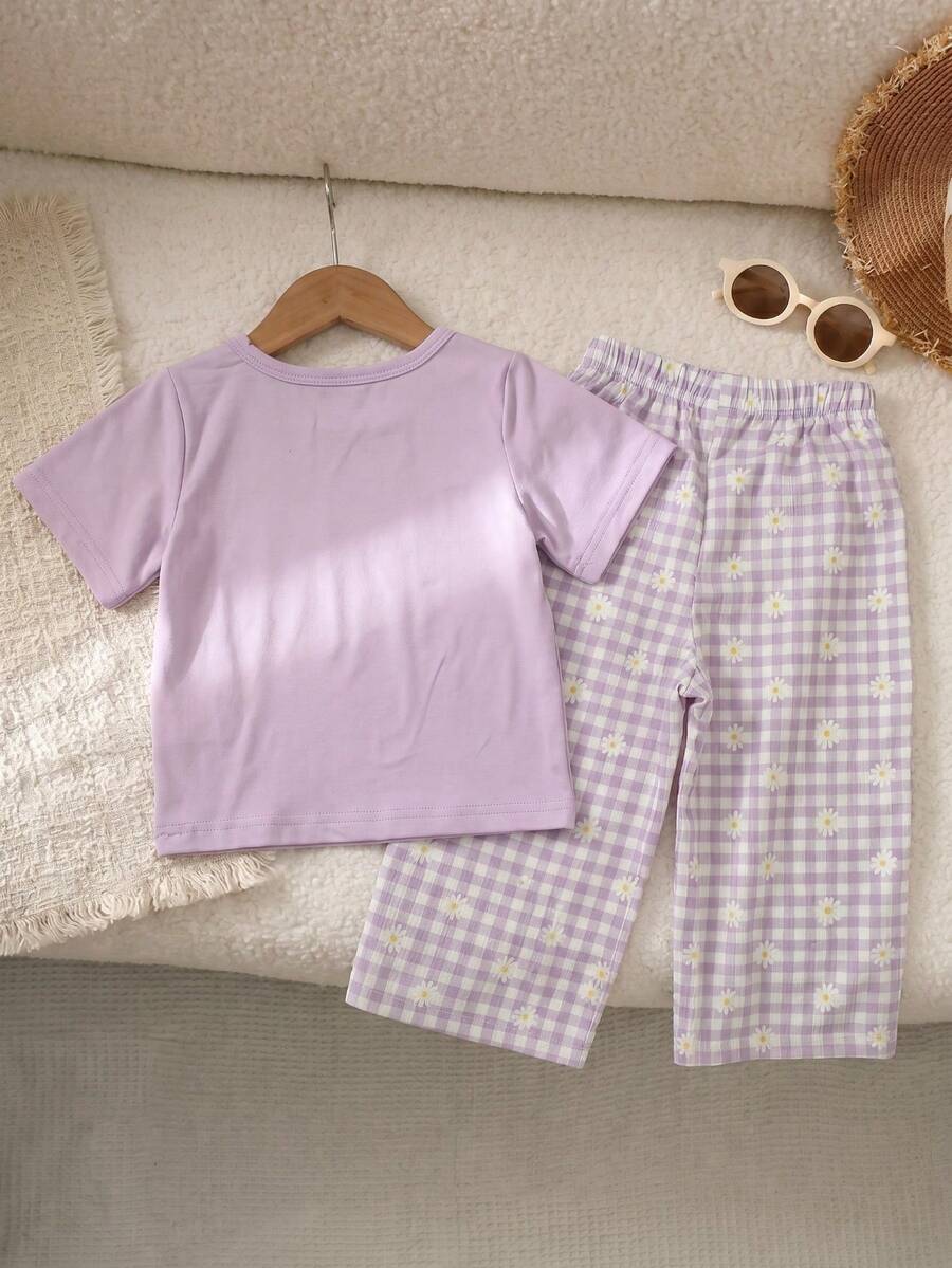 3D Floral T Shirt And Plaid Pants Set For Baby Girls Casual Cute Outfit